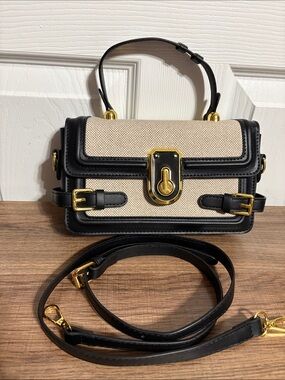Beige and Black Canvas Top-Handle Crossbody Bag Chic